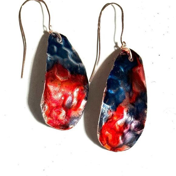 Festive Blue Red Copper Embossed Earrings Handmade Textured Painted Rustic Boho - Picture 9 of 11